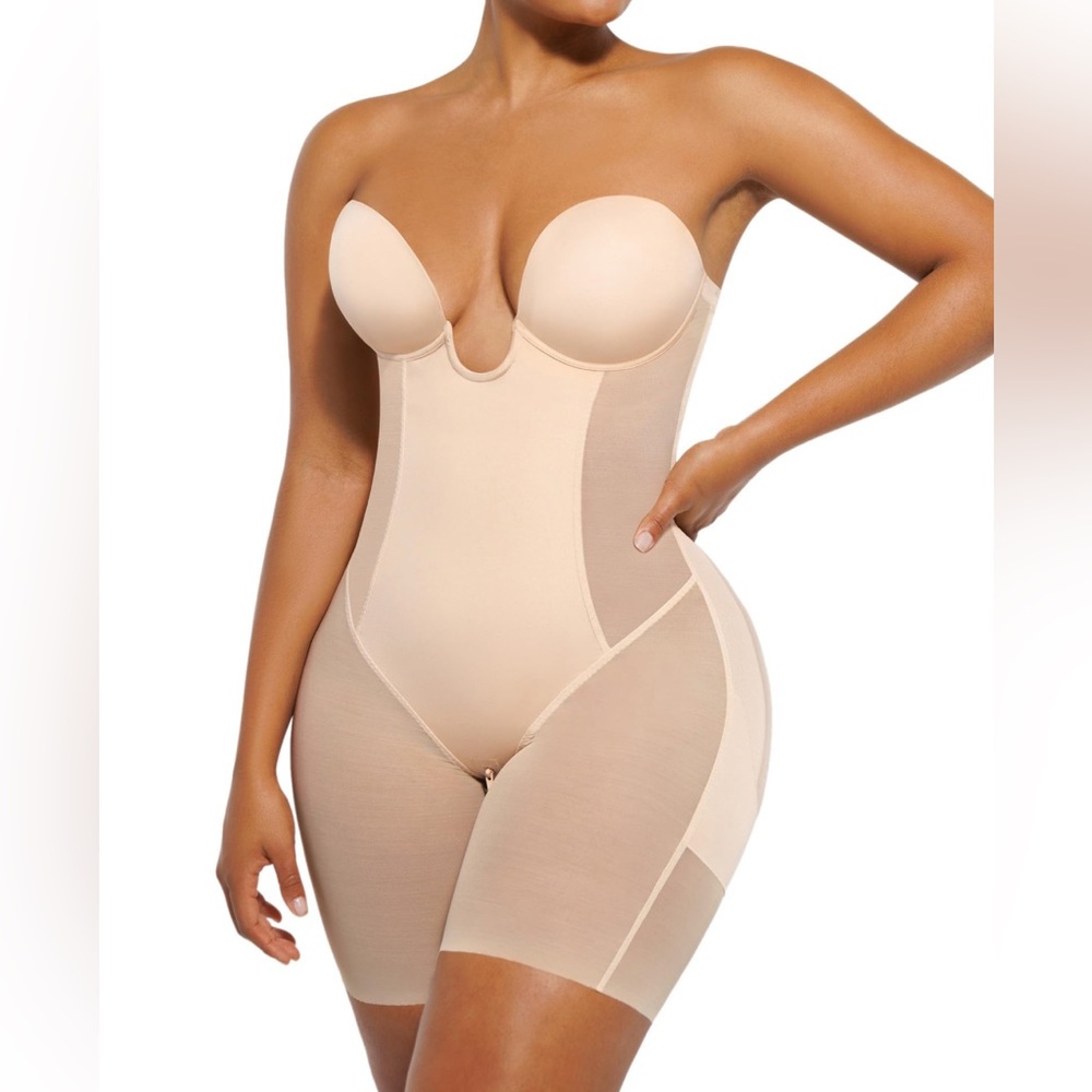 SHAPELLX Shapewear Deep Plunge Corset Tummy Control Backless Nude XS NWT
